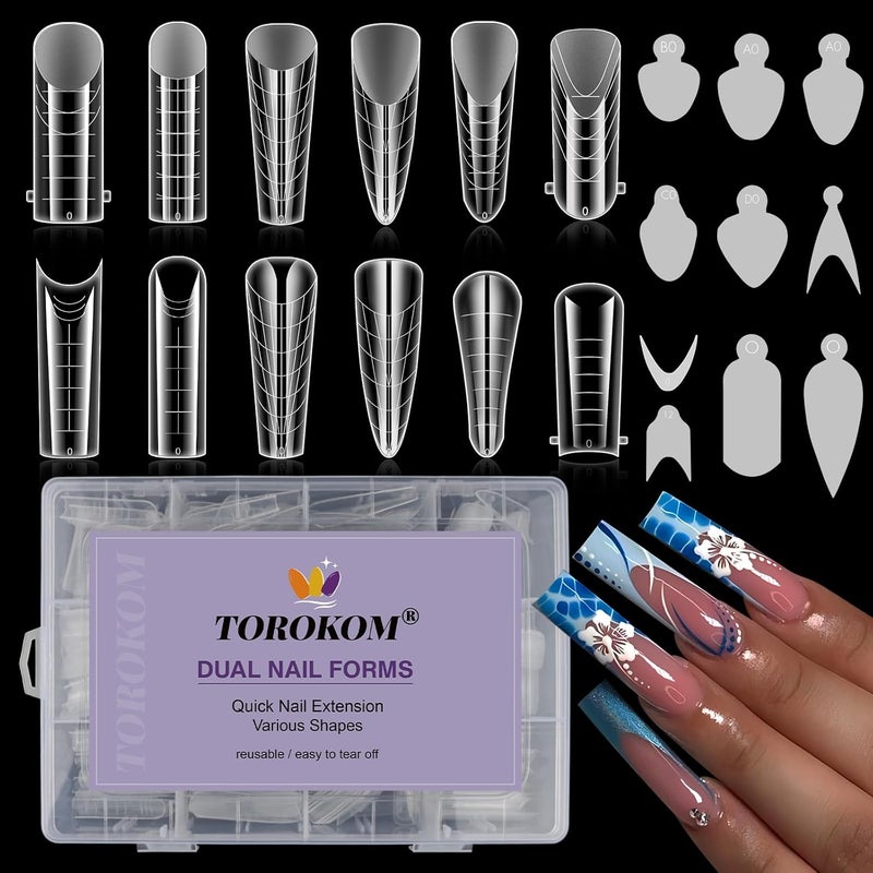 TOROKOM 288PCS Nail Dual Forms for French Nails, Dual Nail Forms Molds Acrylic Nail Tips, 144PCS Duet System Dual Forms Sticker Silicone Reusable Pads, 12 Styles Scale for Manicure Extension, Clear - Image 1